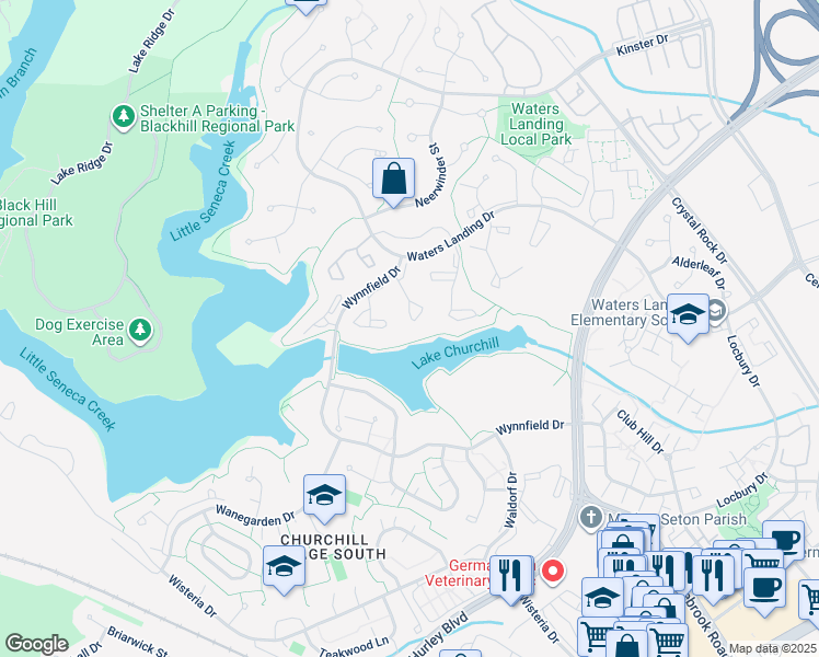 map of restaurants, bars, coffee shops, grocery stores, and more near 20412 Sunbright Lane in Germantown