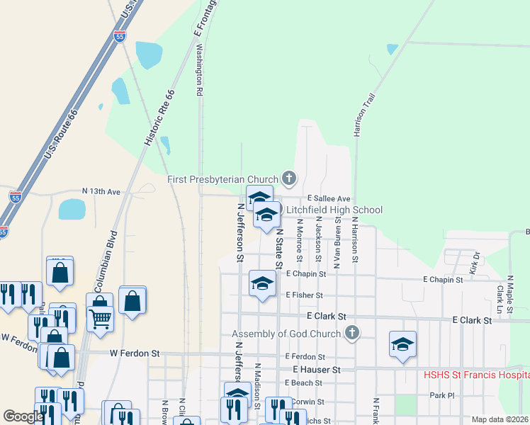 map of restaurants, bars, coffee shops, grocery stores, and more near 15 North Madison Street in Litchfield