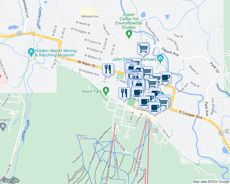 map of restaurants, bars, coffee shops, grocery stores, and more near 311 South Aspen Street in Aspen