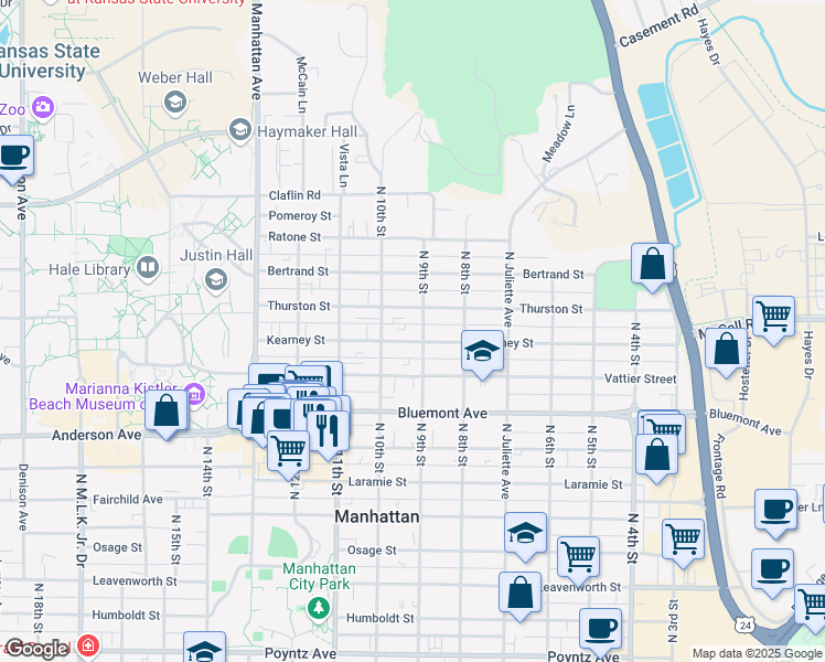 map of restaurants, bars, coffee shops, grocery stores, and more near 900 Kearney Street in Manhattan