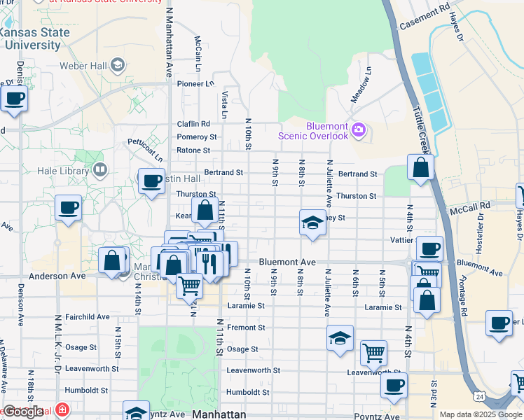 map of restaurants, bars, coffee shops, grocery stores, and more near 900 Kearney Street in Manhattan