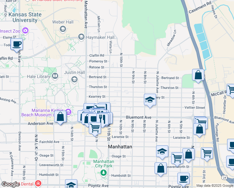map of restaurants, bars, coffee shops, grocery stores, and more near 1000 Kearney Street in Manhattan