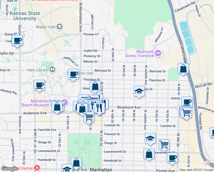 map of restaurants, bars, coffee shops, grocery stores, and more near 1030 Kearney Street in Manhattan