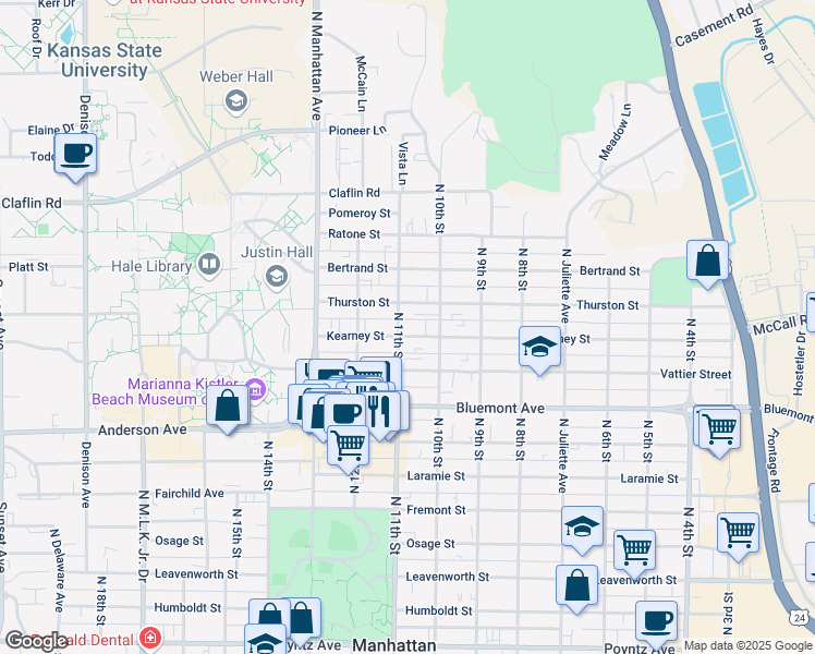 map of restaurants, bars, coffee shops, grocery stores, and more near 1030 Kearney Street in Manhattan
