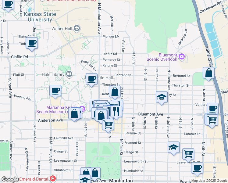 map of restaurants, bars, coffee shops, grocery stores, and more near 1130 Kearney Street in Manhattan