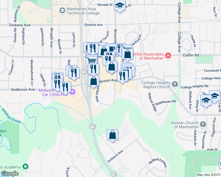 map of restaurants, bars, coffee shops, grocery stores, and more near 912 Garden Way in Manhattan