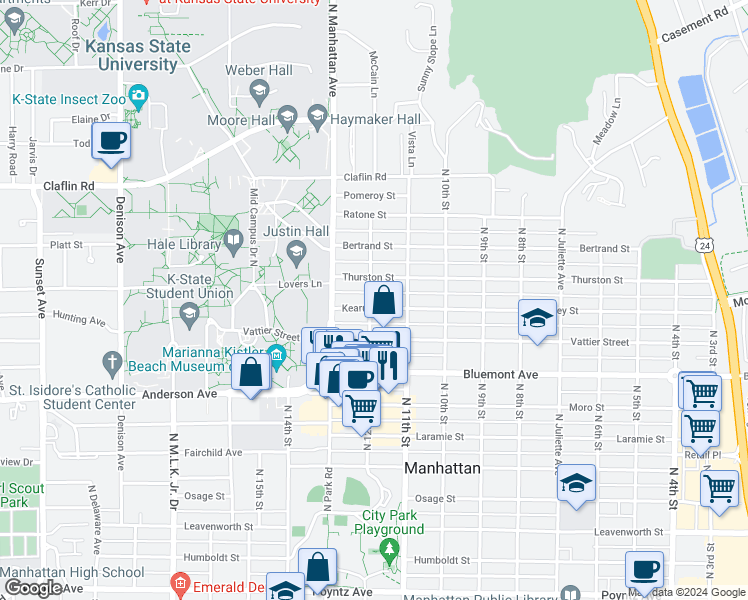 map of restaurants, bars, coffee shops, grocery stores, and more near 1130 Kearney Street in Manhattan