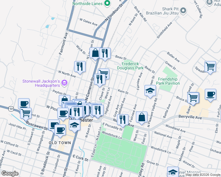 map of restaurants, bars, coffee shops, grocery stores, and more near 443 Highland Avenue in Winchester