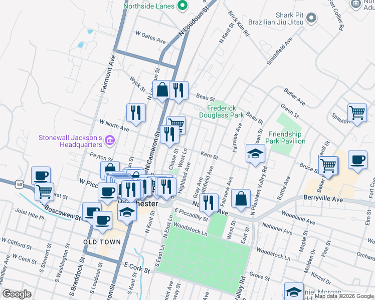 map of restaurants, bars, coffee shops, grocery stores, and more near 443 Highland Avenue in Winchester