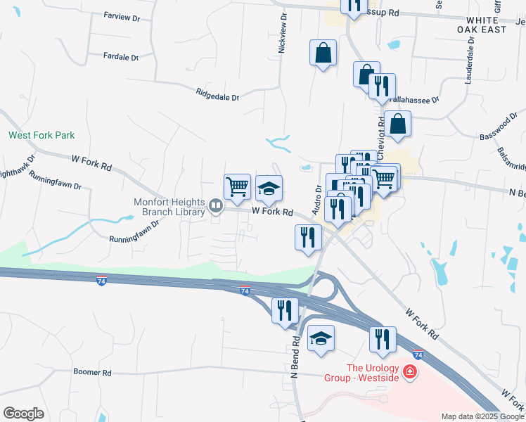 map of restaurants, bars, coffee shops, grocery stores, and more near 3721 West Fork Road in Cincinnati