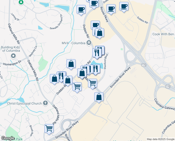 map of restaurants, bars, coffee shops, grocery stores, and more near 8890 Mc Gaw Road in Columbia