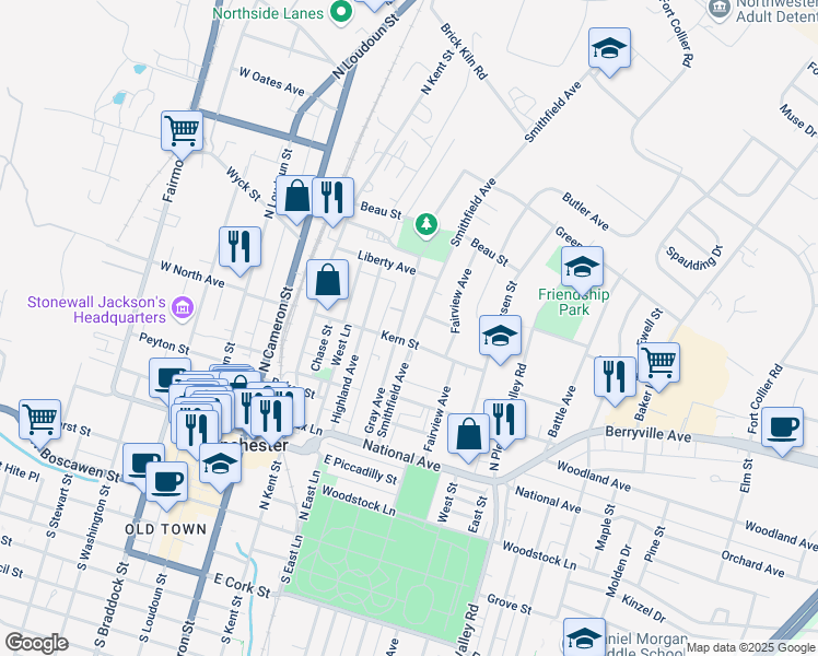 map of restaurants, bars, coffee shops, grocery stores, and more near 503 Gray Avenue in Winchester