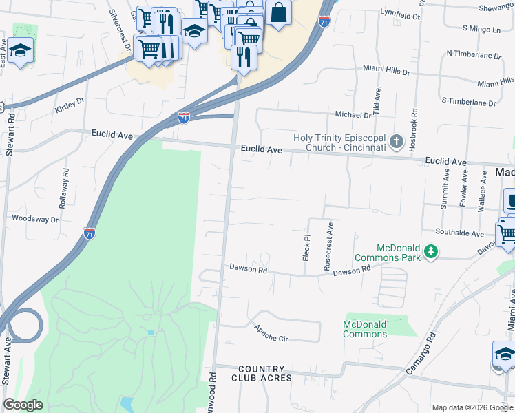 map of restaurants, bars, coffee shops, grocery stores, and more near 6491 Kenview Drive in Cincinnati