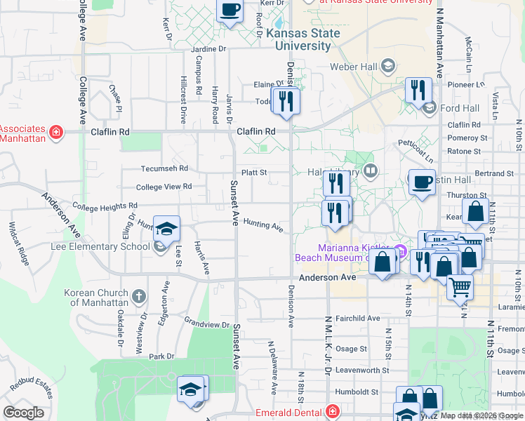 map of restaurants, bars, coffee shops, grocery stores, and more near 1837 College Heights Road in Manhattan