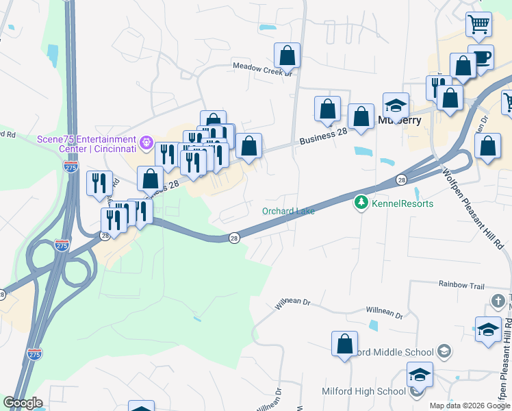 map of restaurants, bars, coffee shops, grocery stores, and more near 10 Commons Drive in Milford