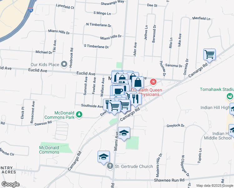 map of restaurants, bars, coffee shops, grocery stores, and more near 7101 Miami Avenue in Cincinnati