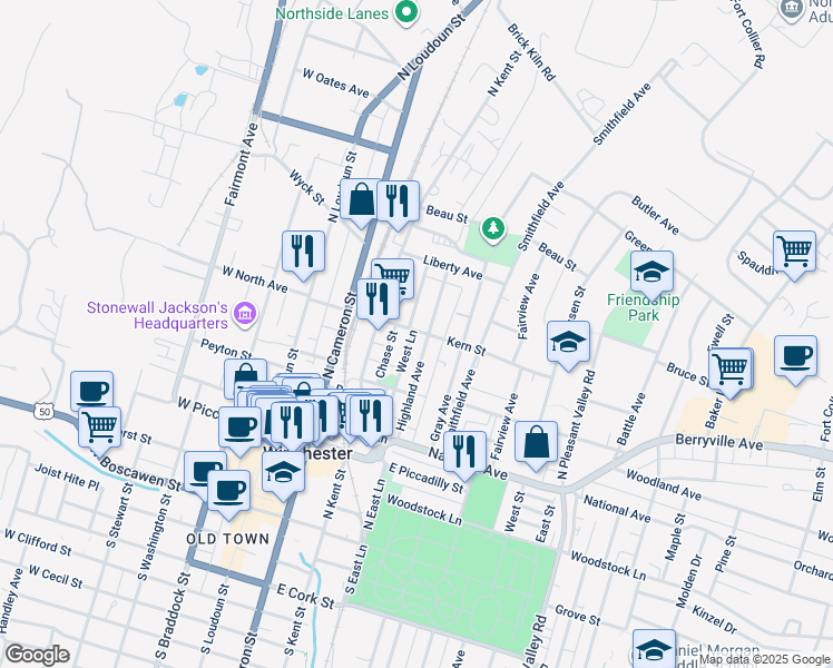 map of restaurants, bars, coffee shops, grocery stores, and more near 231 Kern Street in Winchester