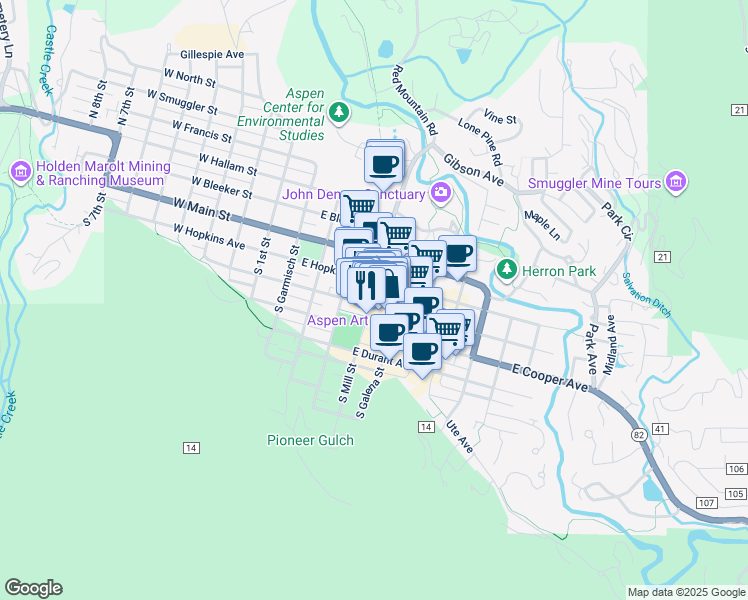 map of restaurants, bars, coffee shops, grocery stores, and more near 406 East Hyman Avenue in Aspen