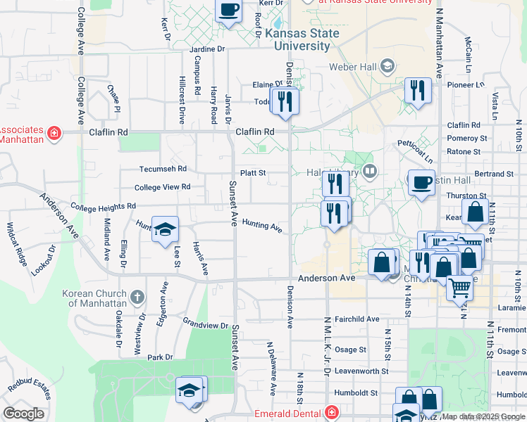 map of restaurants, bars, coffee shops, grocery stores, and more near 1829 College Heights Road in Manhattan