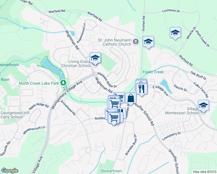 map of restaurants, bars, coffee shops, grocery stores, and more near 20317 Montgomery Village Avenue in Montgomery Village