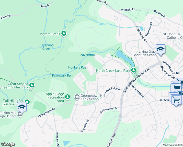 map of restaurants, bars, coffee shops, grocery stores, and more near 9909 Forest View Place in Montgomery Village
