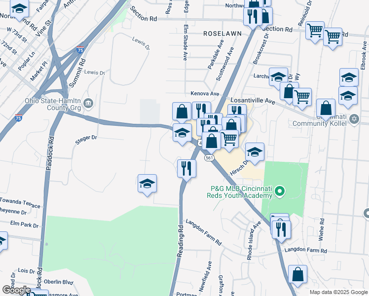 map of restaurants, bars, coffee shops, grocery stores, and more near 7005 Reading Road in Cincinnati