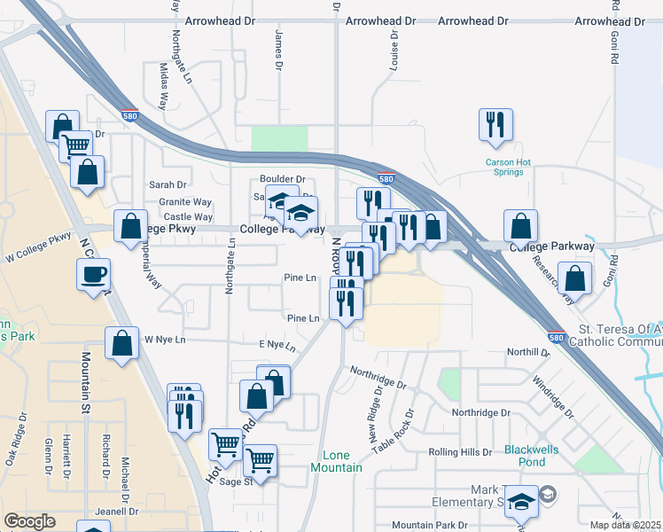 map of restaurants, bars, coffee shops, grocery stores, and more near 3398 North Roop Street in Carson City