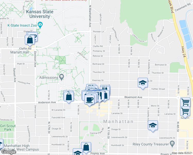 map of restaurants, bars, coffee shops, grocery stores, and more near 1212 Kearney Street in Manhattan