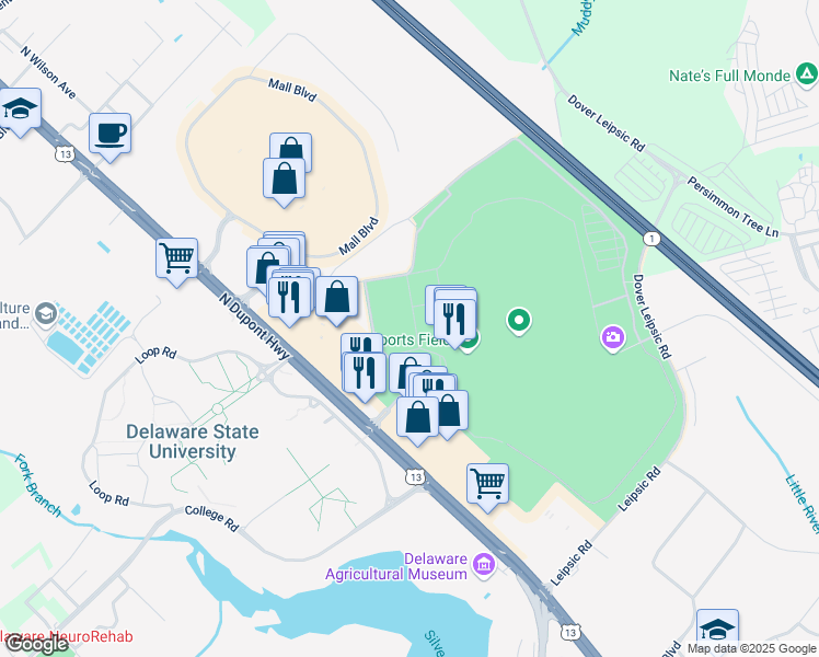 map of restaurants, bars, coffee shops, grocery stores, and more near 1131 North Dupont Highway in Dover