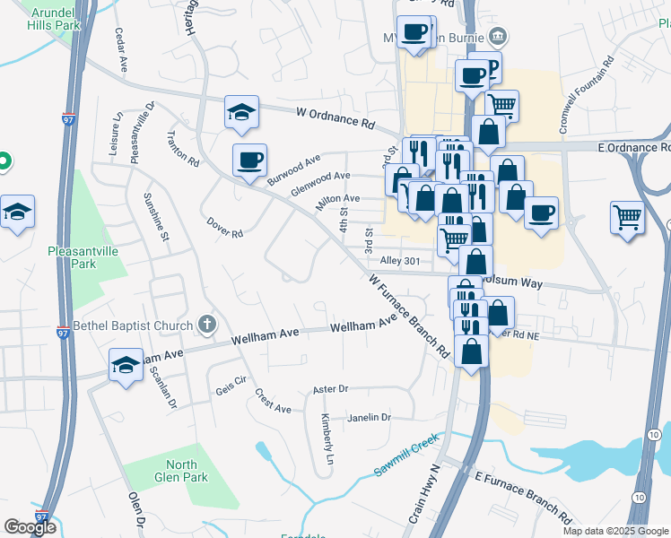 map of restaurants, bars, coffee shops, grocery stores, and more near 406 Vernon Court in Glen Burnie