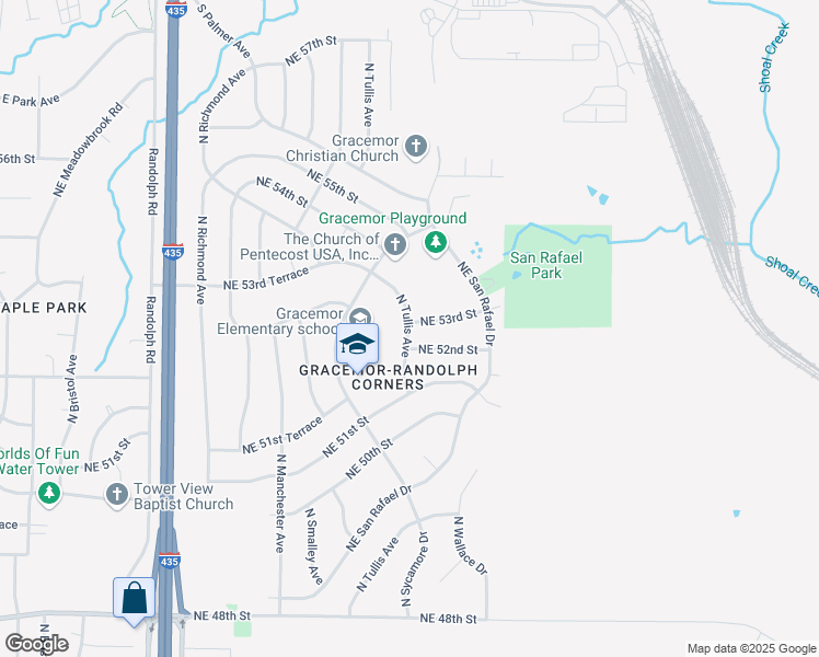 map of restaurants, bars, coffee shops, grocery stores, and more near North Tullis Avenue in Kansas City