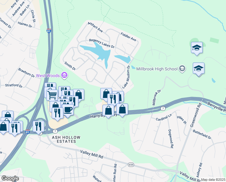 map of restaurants, bars, coffee shops, grocery stores, and more near 111 Aberdeen Place in Winchester