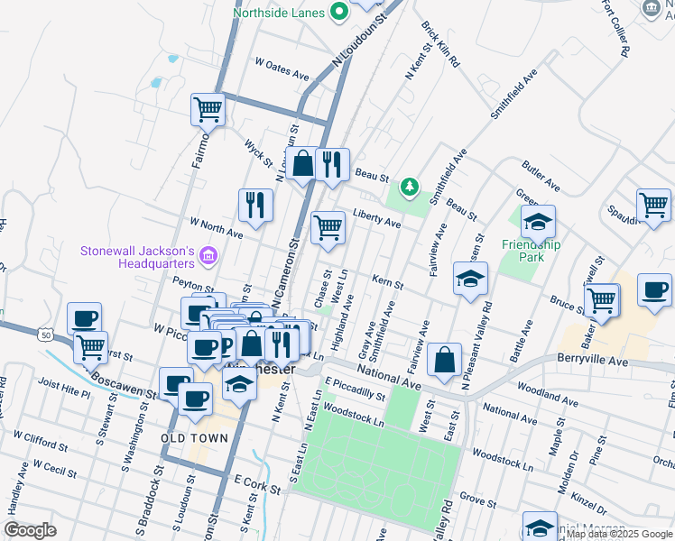 map of restaurants, bars, coffee shops, grocery stores, and more near 221 Kern Street in Winchester