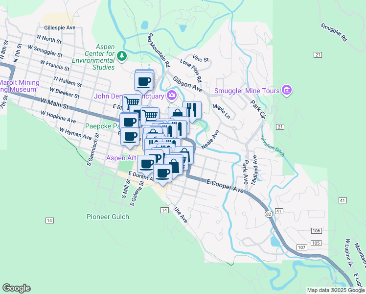 map of restaurants, bars, coffee shops, grocery stores, and more near 730 East Hopkins Avenue in Aspen