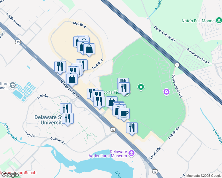 map of restaurants, bars, coffee shops, grocery stores, and more near 1131 North Dupont Highway in Dover