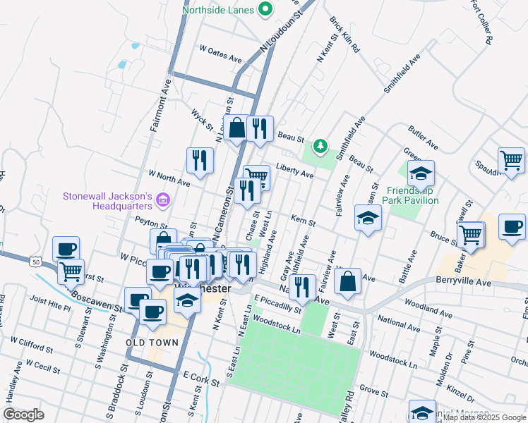 map of restaurants, bars, coffee shops, grocery stores, and more near 221 Kern Street in Winchester