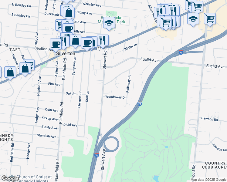 map of restaurants, bars, coffee shops, grocery stores, and more near 6654 Stewart Road in Cincinnati