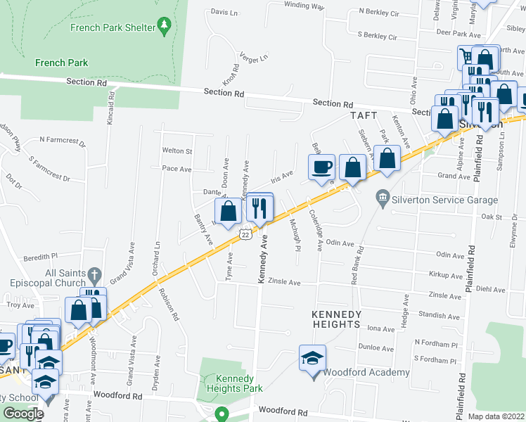 map of restaurants, bars, coffee shops, grocery stores, and more near 6560 Montgomery Road in Cincinnati