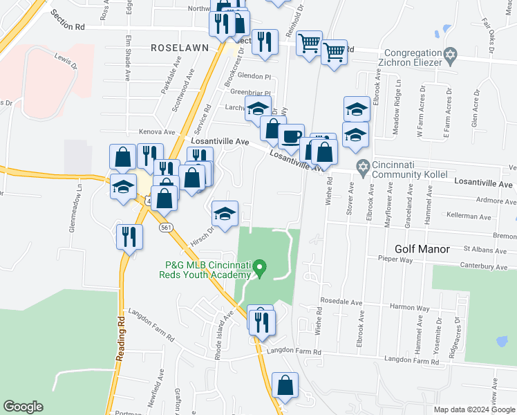 map of restaurants, bars, coffee shops, grocery stores, and more near 7072 Eastlawn Drive in Cincinnati