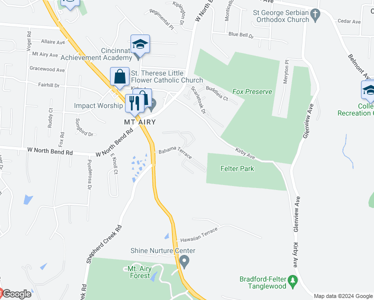 map of restaurants, bars, coffee shops, grocery stores, and more near 5397 Bahama Terrace in Cincinnati