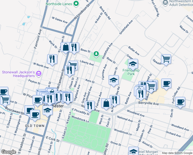 map of restaurants, bars, coffee shops, grocery stores, and more near 301 Hastings Street in Winchester