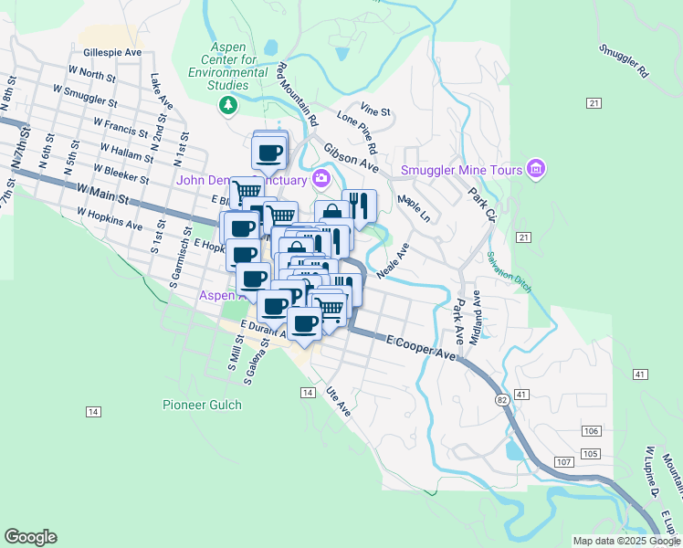 map of restaurants, bars, coffee shops, grocery stores, and more near 120 South Spring Street in Aspen