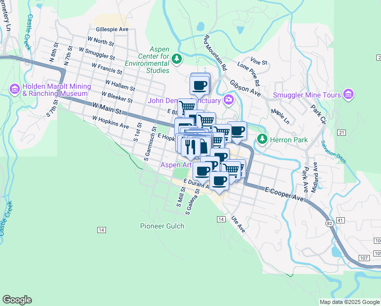 map of restaurants, bars, coffee shops, grocery stores, and more near 330 East Hyman Avenue in Aspen