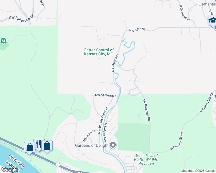 map of restaurants, bars, coffee shops, grocery stores, and more near 6101 Northwest 52nd Terrace in Kansas City