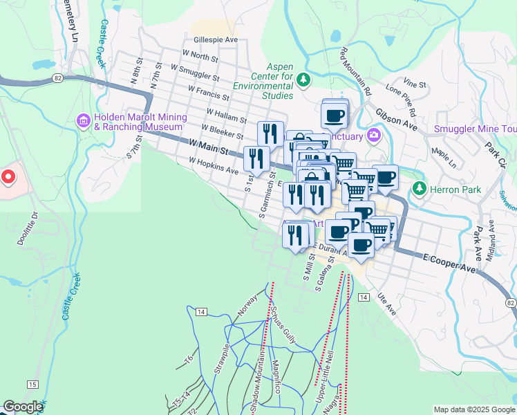 map of restaurants, bars, coffee shops, grocery stores, and more near 120 West Cooper Avenue in Aspen