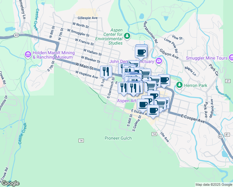map of restaurants, bars, coffee shops, grocery stores, and more near 305 South Aspen Street in Aspen