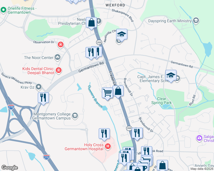 map of restaurants, bars, coffee shops, grocery stores, and more near 11821 Regents Park Drive in Germantown