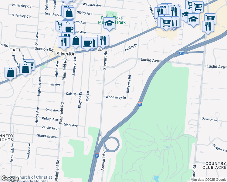 map of restaurants, bars, coffee shops, grocery stores, and more near 6654 Stewart Road in Cincinnati