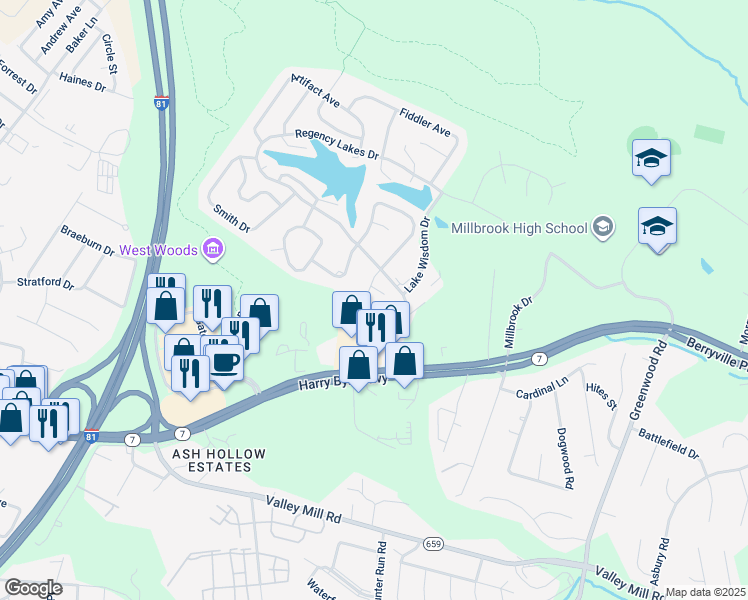 map of restaurants, bars, coffee shops, grocery stores, and more near 111 Aberdeen Place in Winchester