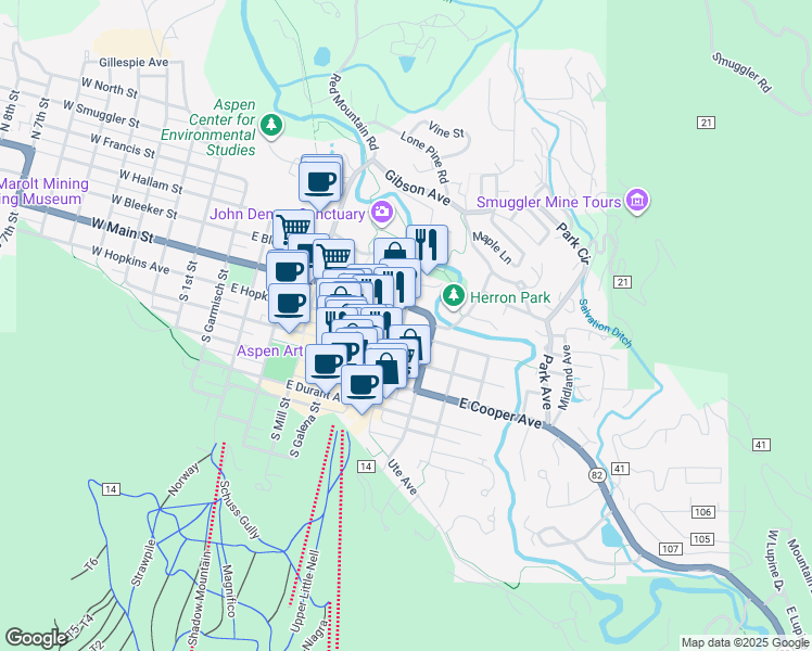 map of restaurants, bars, coffee shops, grocery stores, and more near 730 East Hopkins Avenue in Aspen